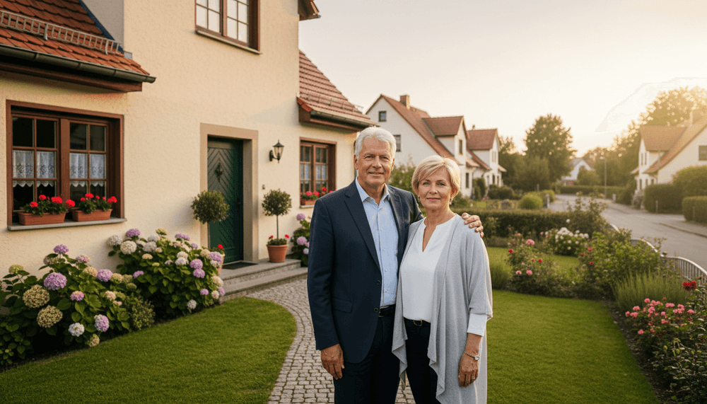 Senioren-Paar vor gepflegtem Einfamilienhaus – Immobilienverkauf mit DomoLibra und DEGIV