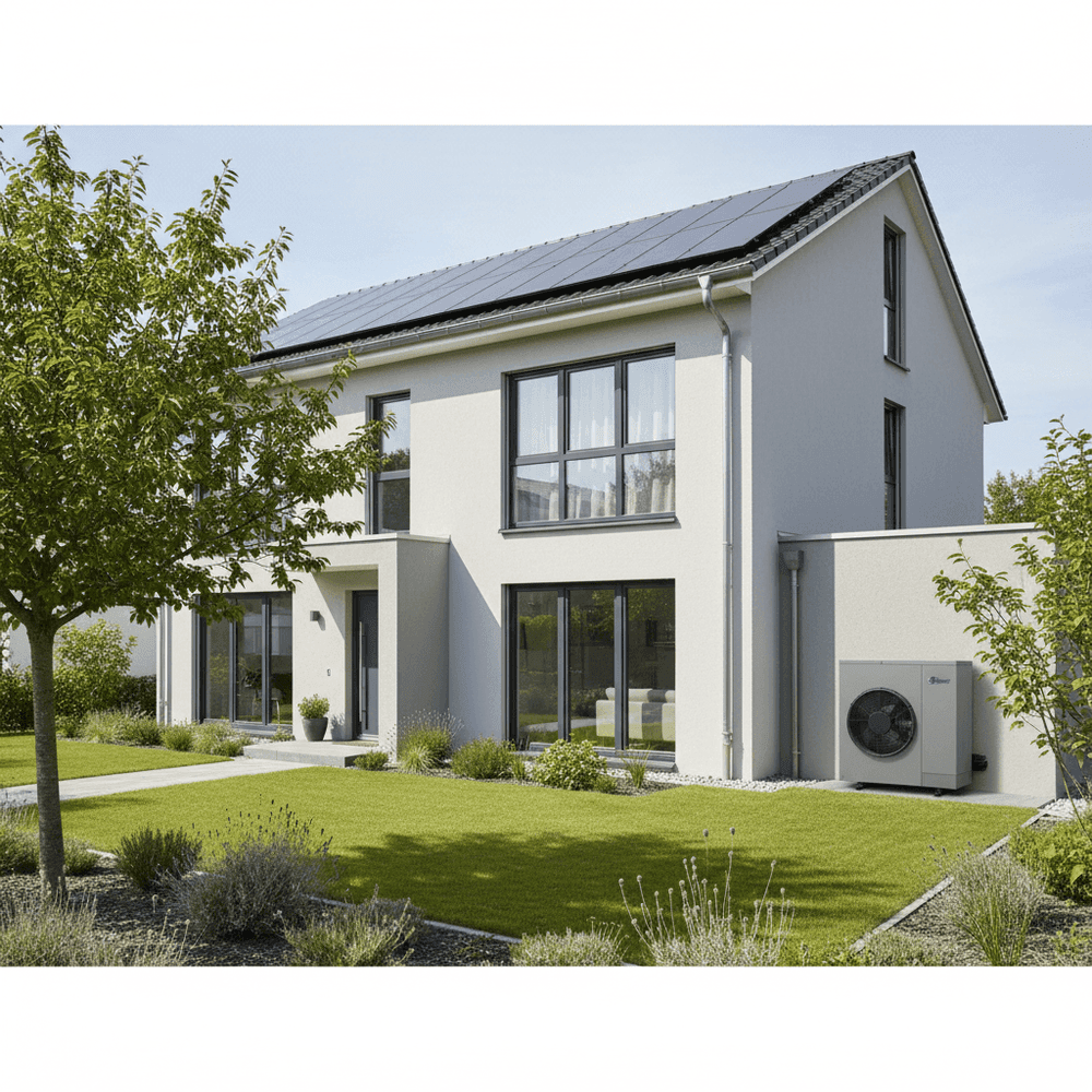 Moderne energieeffiziente Immobilie mit Solarpanelen und Wärmepumpe