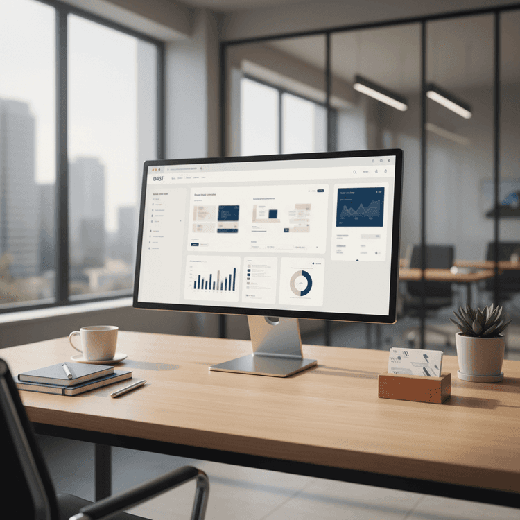 Modernes Büro mit CRM-Dashboard auf einem Bildschirm für Immobilienprofis